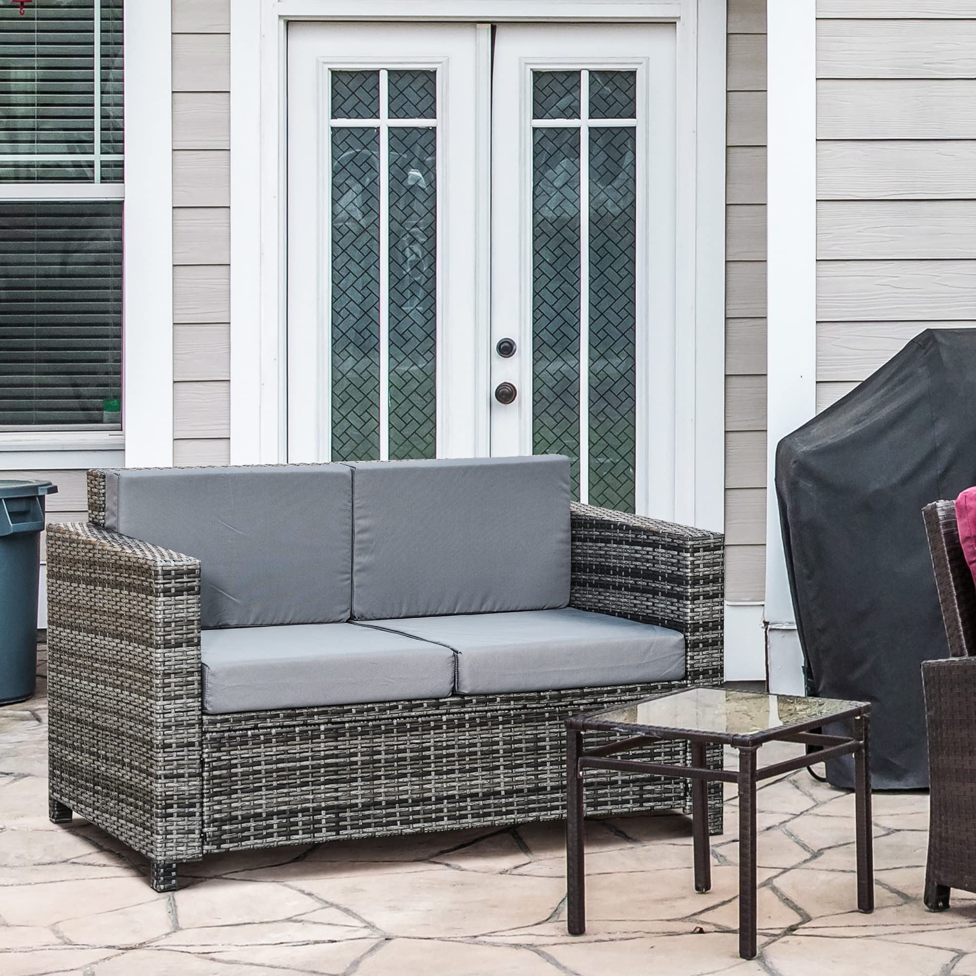 Outsunny 2 Seat Patio Loveseat Deluxe Wicker Sofa Chair Outdoor